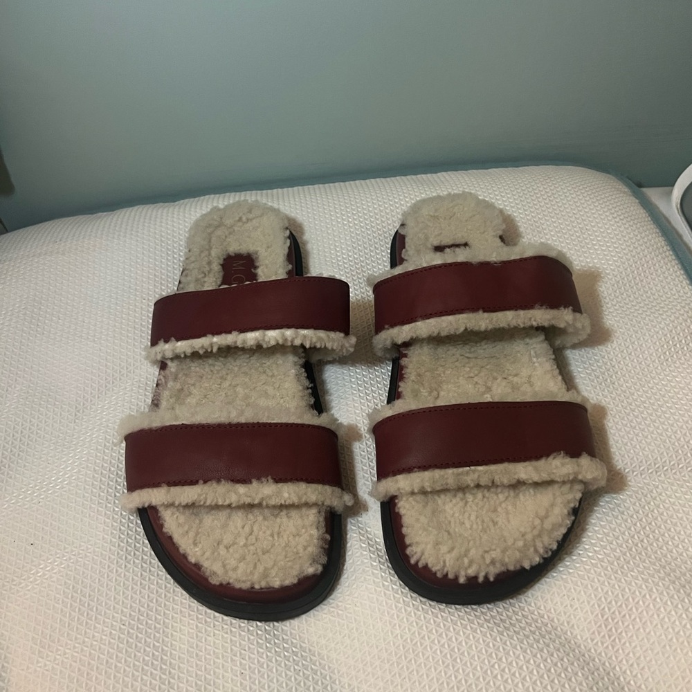 M. Gemi The Delicia Red & Cream Fuzzy Sandals Size 37 EU/7 US Sherpa Leather